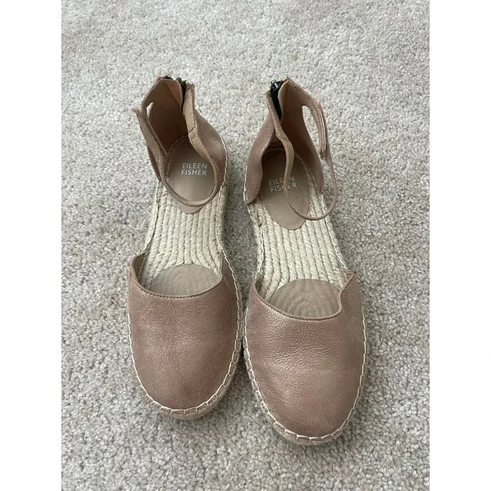 Eileen Fisher Womens Metallic Rose Gold Leather Espadrille Ankle Strap Flats 7.5